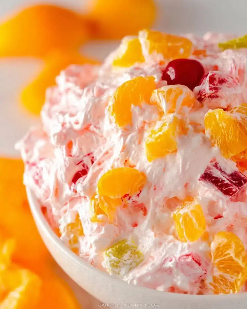 A vibrant bowl of Ambrosia Salad with fruits and marshmallows