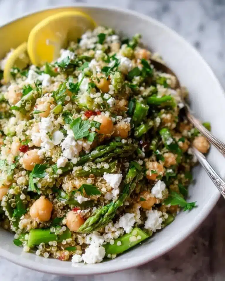 Asparagus and chickpea quinoa salad served in a bowl with colorful vegetables