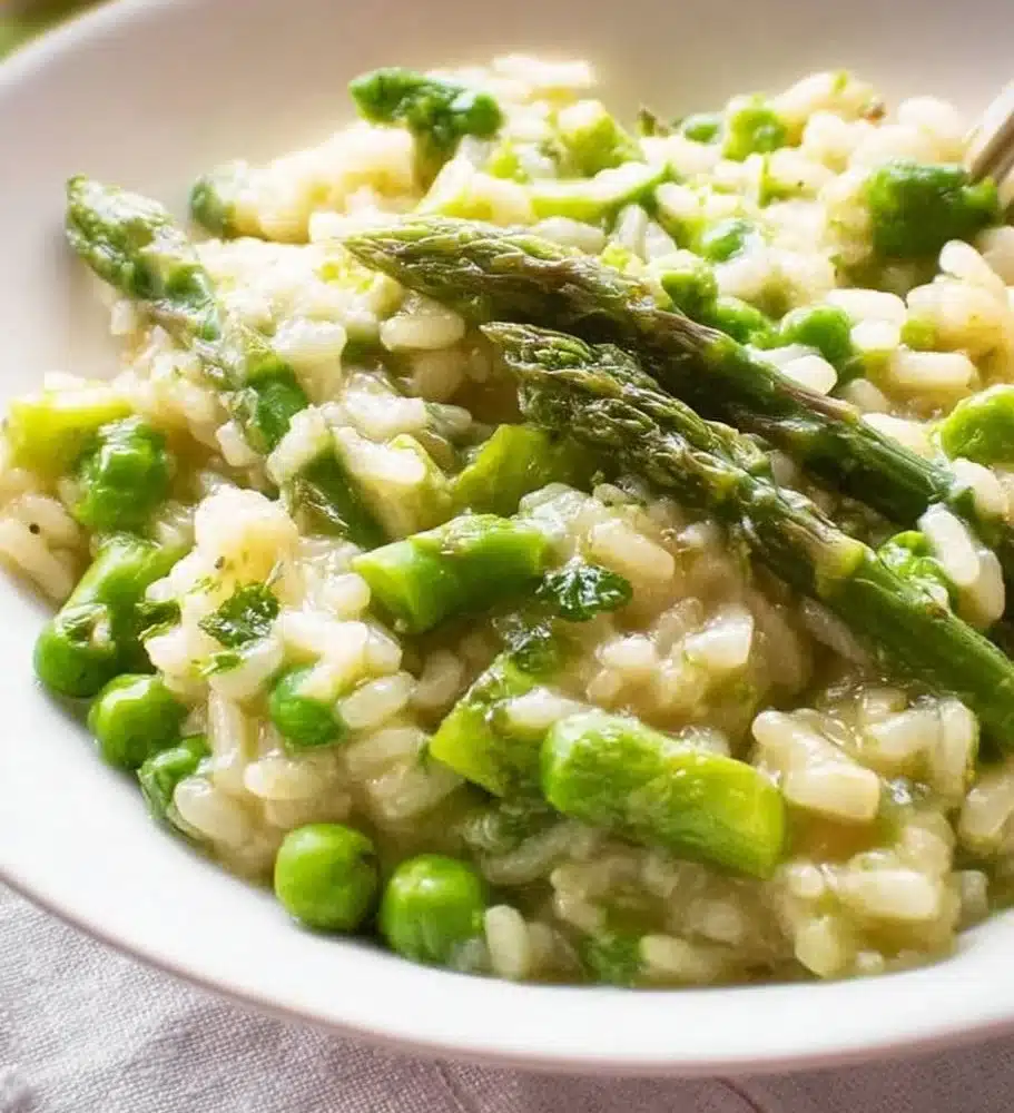 Delicious asparagus and pea risotto served in a bowl