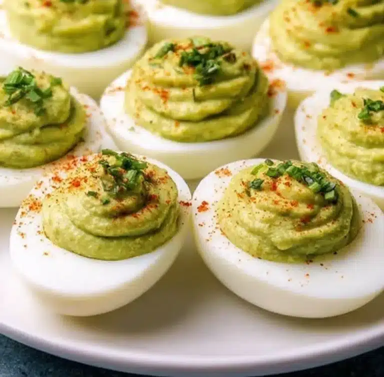 Plate of avocado deviled eggs garnished with herbs