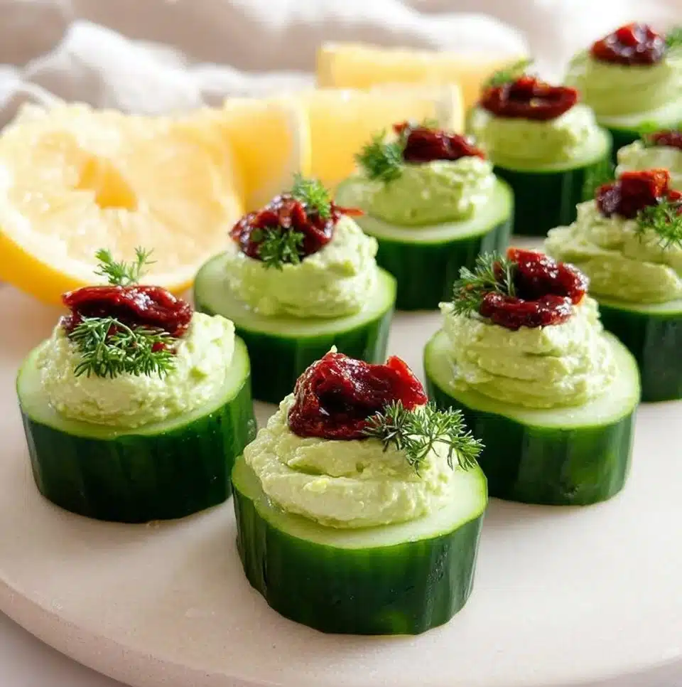 Avocado Goat Cheese Cucumber Appetizers served on a platter