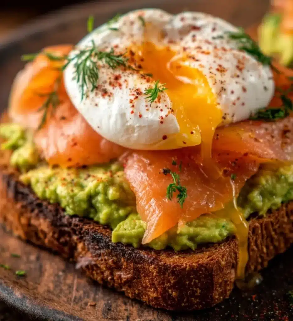 Avocado toast topped with a perfectly poached egg on rustic bread