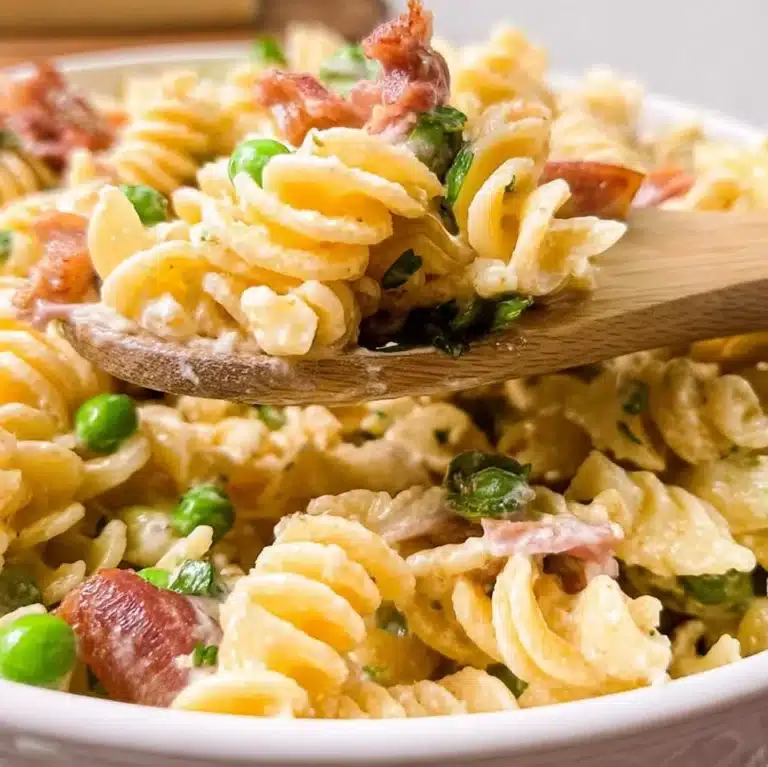 Bacon Ranch Pasta Salad with crispy bacon, pasta, and ranch dressing in a bowl.