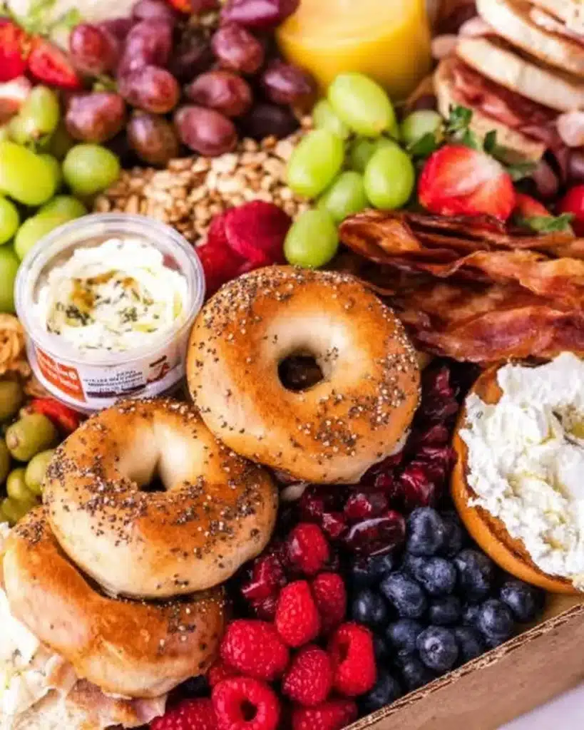 Delicious bagel breakfast board with assorted bagels and toppings