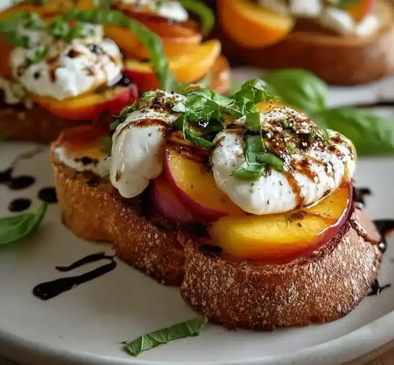 Balsamic peach and burrata toast garnished with fresh herbs on a wooden board.