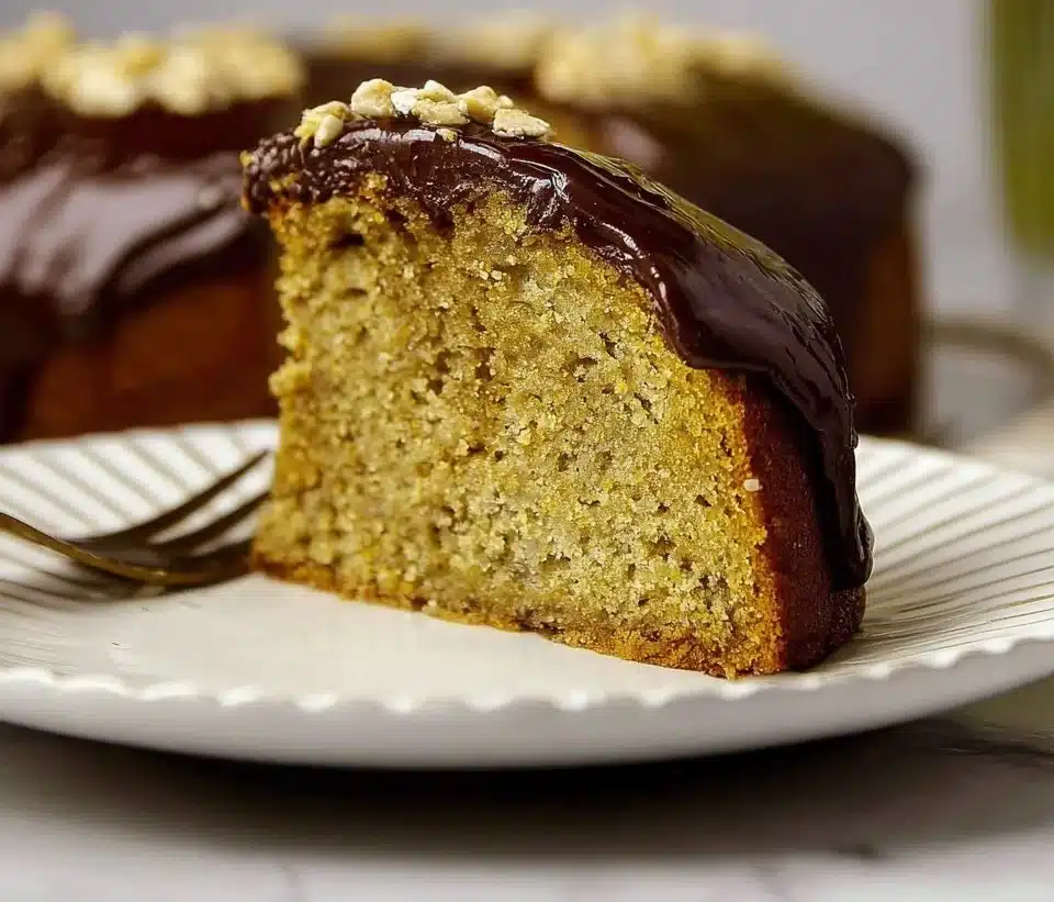 Slice of moist Banana Olive Oil Cake on a plate with fresh bananas