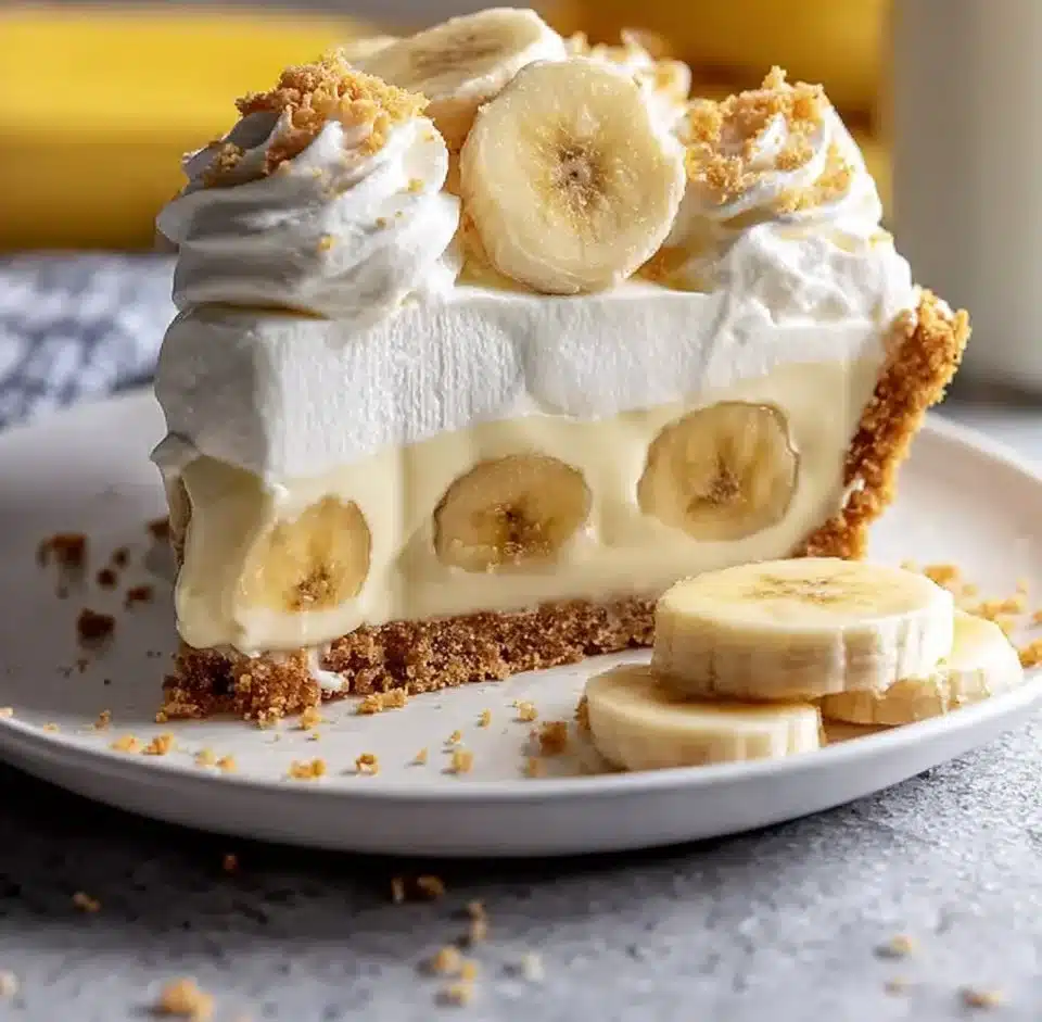 Delicious banana pudding pie topped with whipped cream and banana slices.