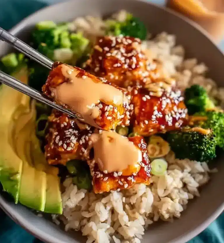 Bang Bang Salmon Rice Bowl with fresh ingredients and vibrant colors