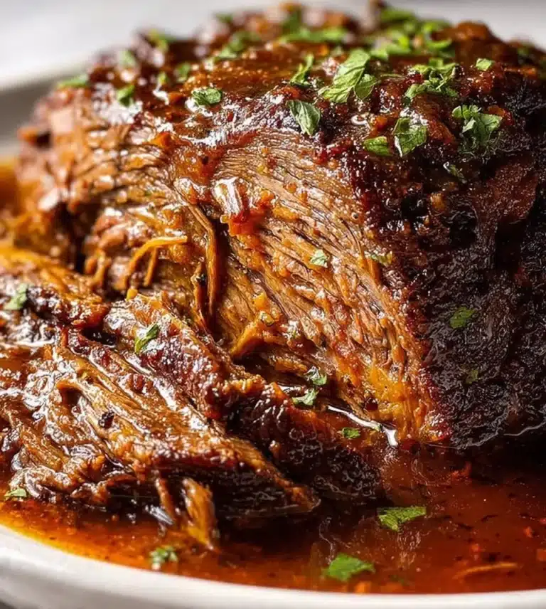Beef brisket served with rich, savory gravy on a rustic wooden table.