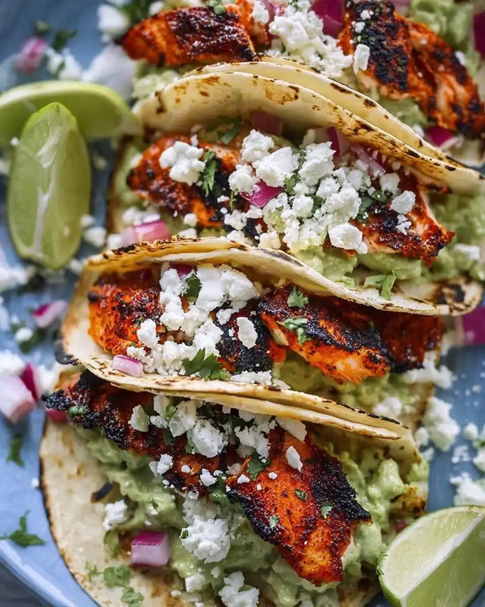 Delicious blackened fish tacos served with fresh toppings and lime wedges.