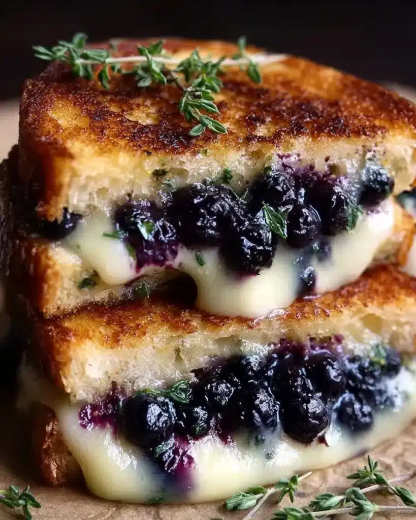Blueberry grilled cheese sandwich with melted cheese and fresh blueberries