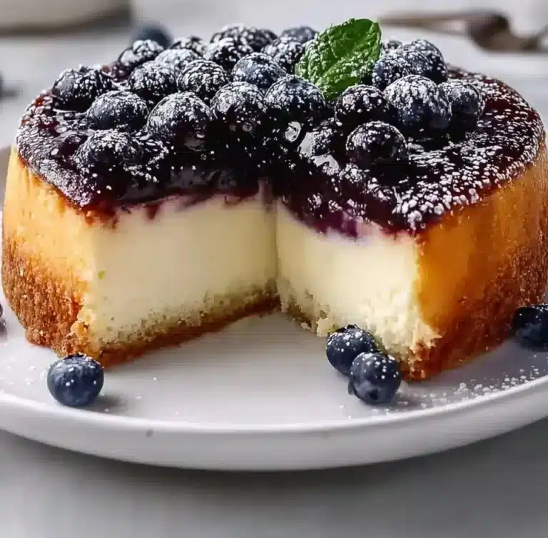 Delicious blueberry ricotta pudding cake served on a white plate