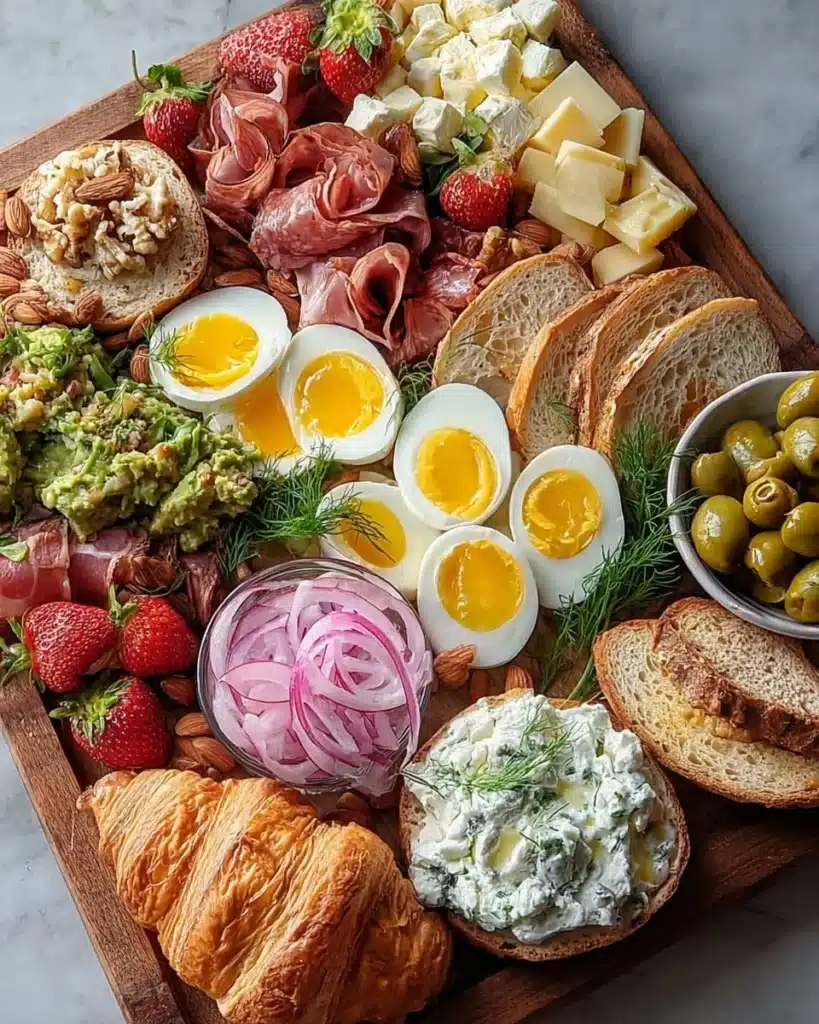 Elegant brunch charcuterie board with assorted meats, cheeses, and fruits.