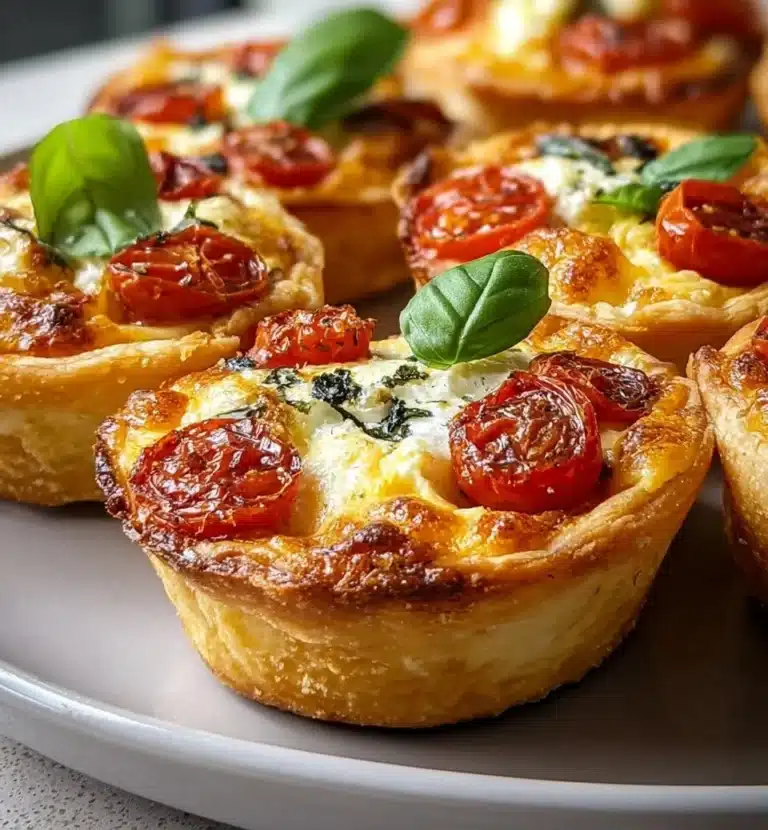 Delicious Caprese Mini Quiches with tomatoes, basil, and mozzarella cheese.