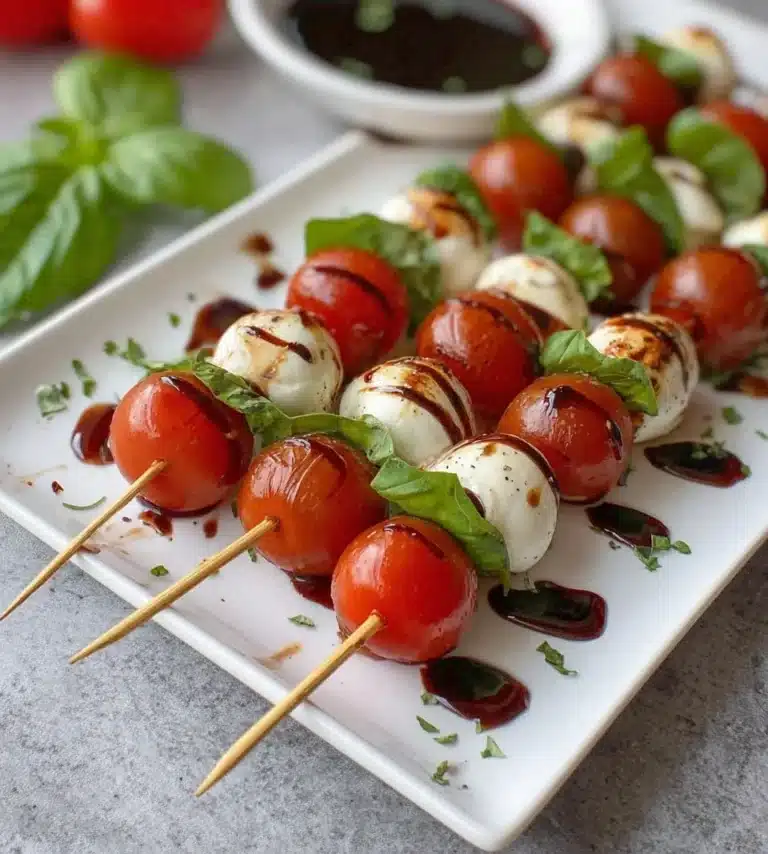 Colorful Caprese Skewers with mozzarella, tomatoes, and basil leaves