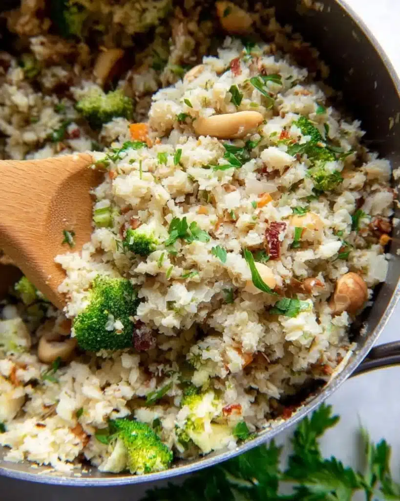 Cauliflower rice pilaf served in a bowl with herbs and vegetables.