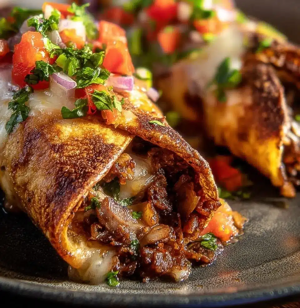 Delicious cheese steak chimichangas served with fresh toppings