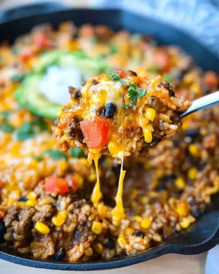 A cheesy taco rice skillet served in a colorful dish, showcasing a filling meal.