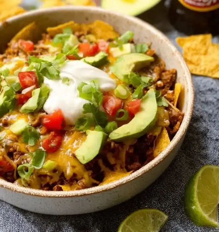 Cheesy Turkey Taco Skillet with melted cheese and fresh toppings