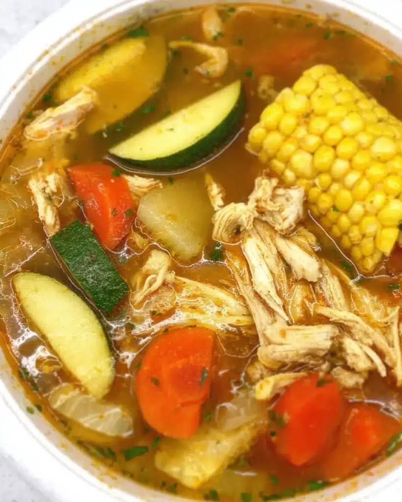 Homemade chicken broth simmering in a pot with vegetables and herbs.