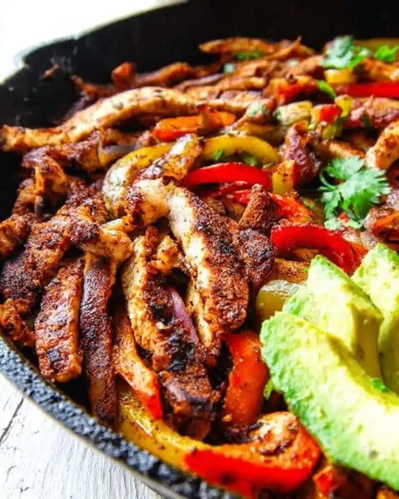 Plate of delicious Chicken Fajitas with grilled chicken, peppers, and tortillas.
