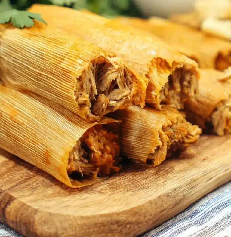 Delicious Chicken Tamales ready to be served with salsa and toppings.