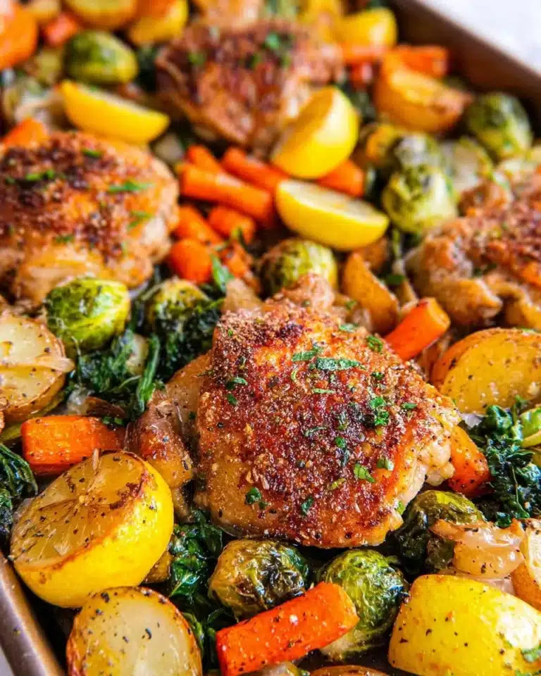 Savory chicken thighs with seasonal vegetables roasted to perfection.