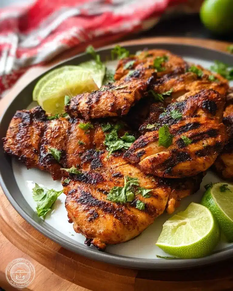 Delicious Chili Lime Chicken garnished with fresh lime and herbs