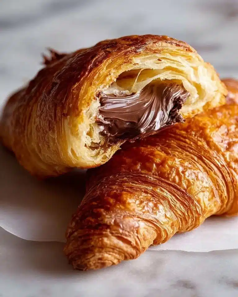 Freshly baked chocolate croissant with melted chocolate filling