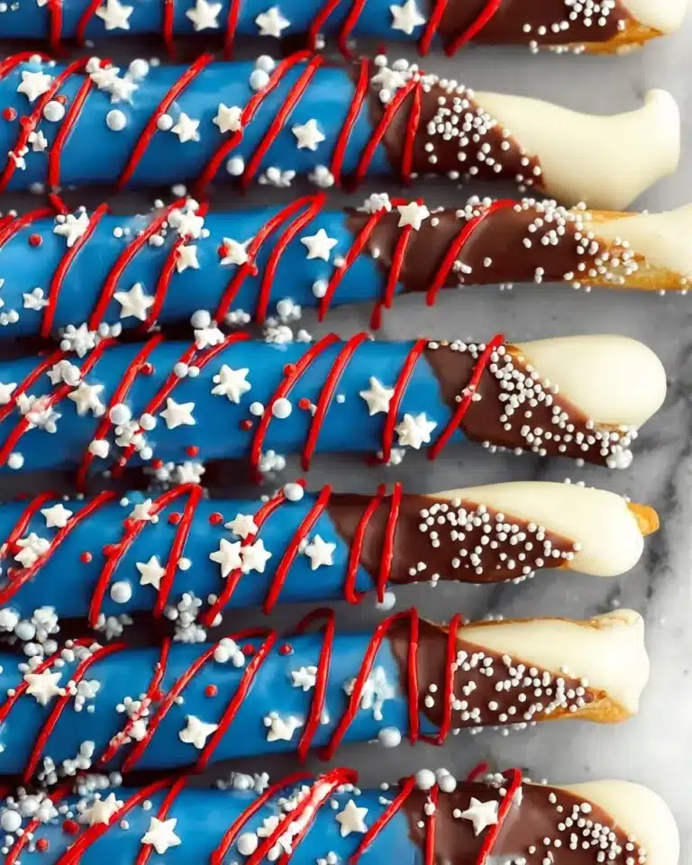 Chocolate dipped pretzel rods decorated with sprinkles and drizzles
