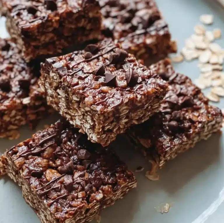 Homemade chocolate oat bars with oats and melted chocolate.
