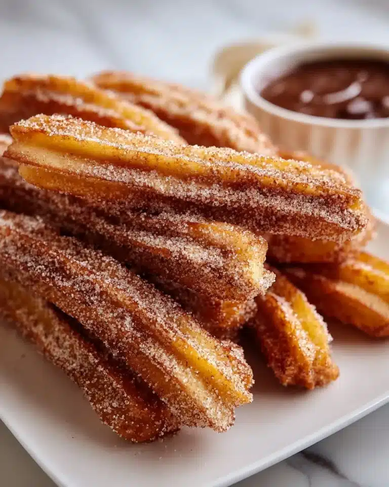 Delicious cinnamon sugar churros dusted with cinnamon and sugar on a plate.