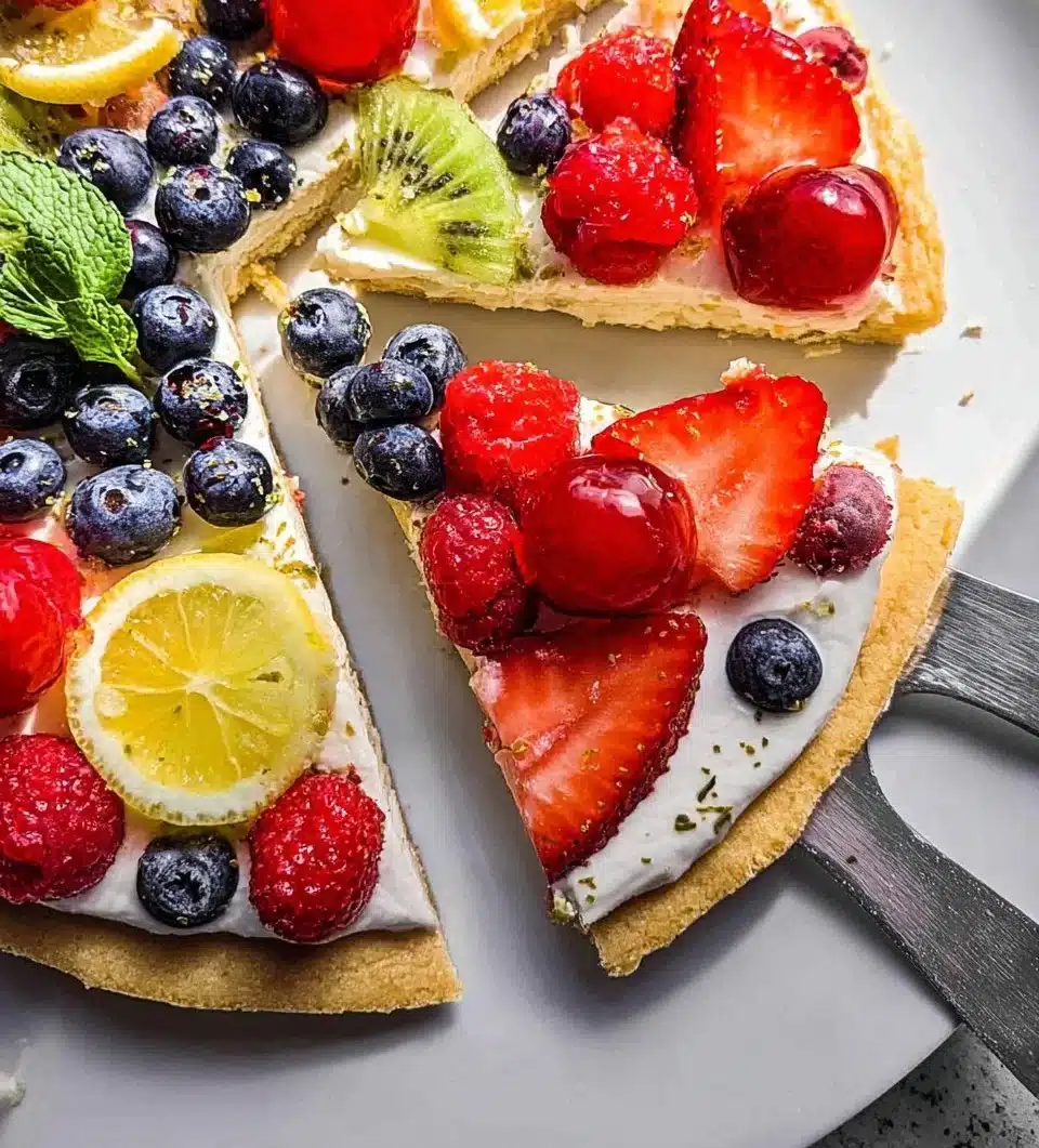 Delicious cottage cheese protein fruit pizza with fresh toppings.