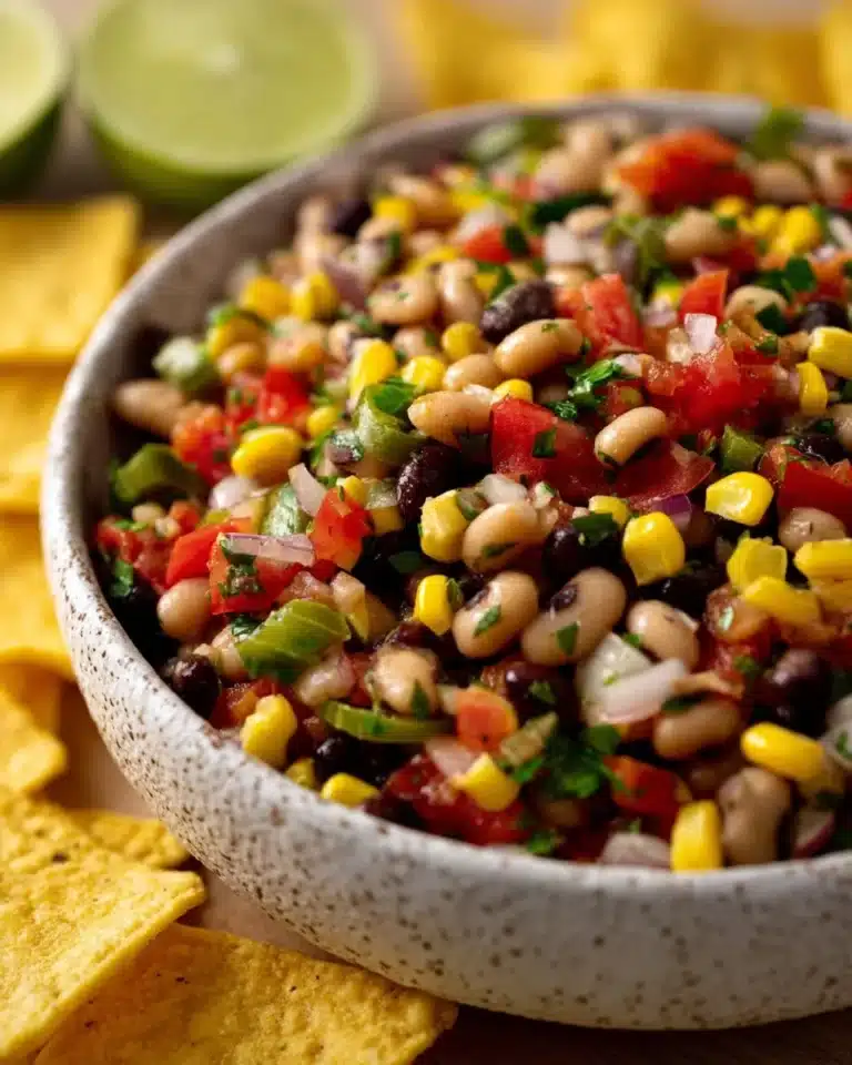 A colorful bowl of Cowboy Caviar featuring beans, corn, and fresh veggies.