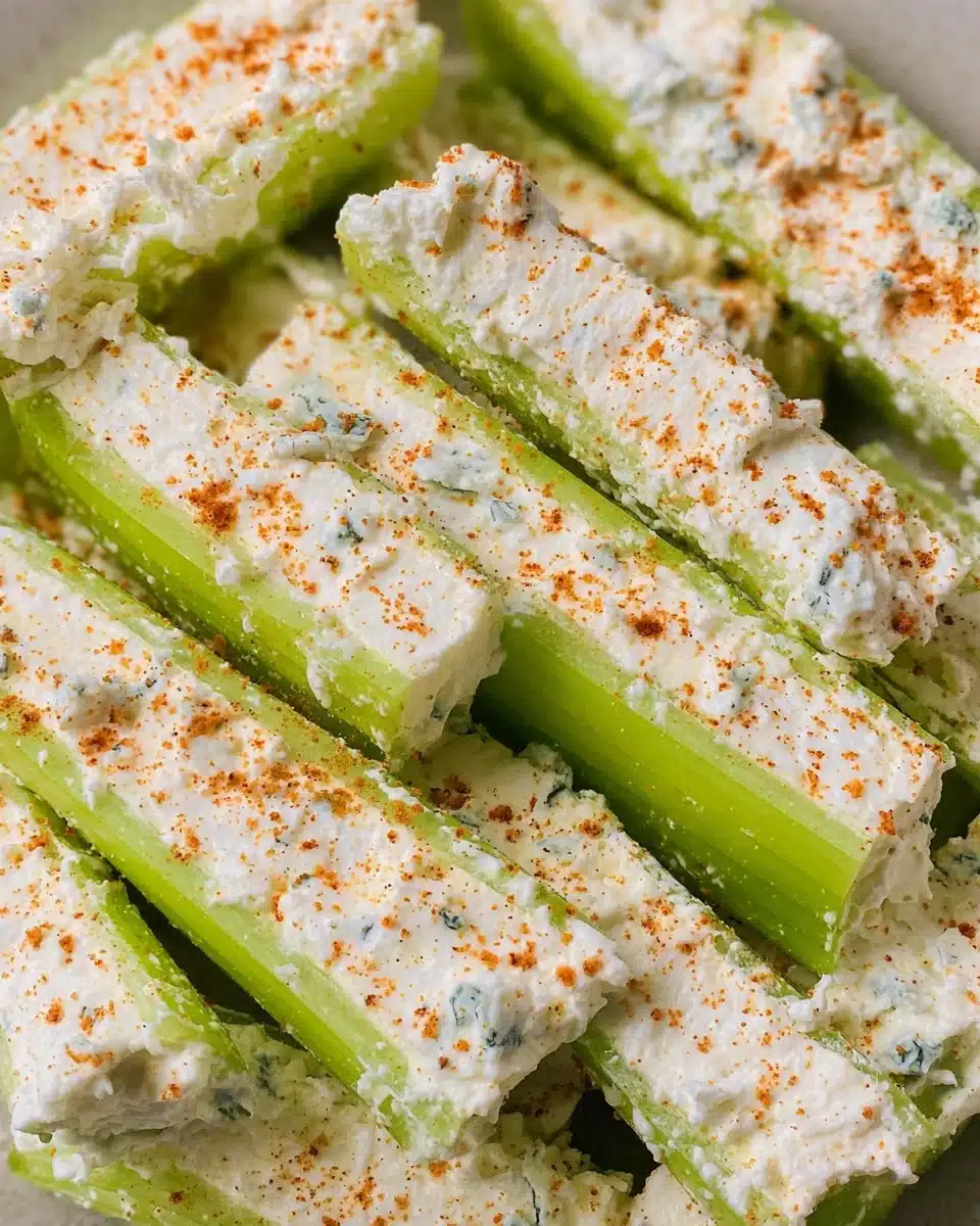 Delicious cream cheese stuffed celery sticks arranged on a platter.