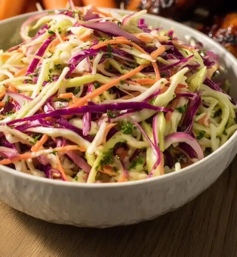 Bowl of crunchy coleslaw made with fresh cabbage and carrots