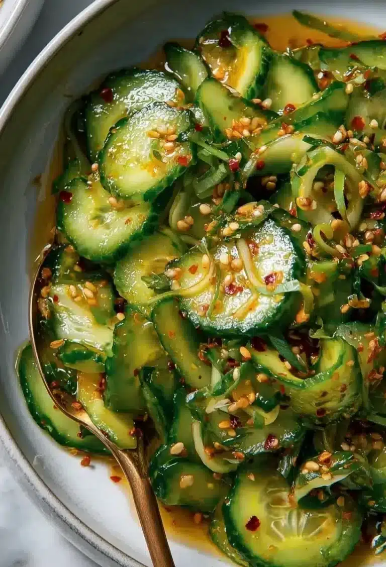 Bowl of cucumber salad topped with chili crisp for a spicy flavor burst.