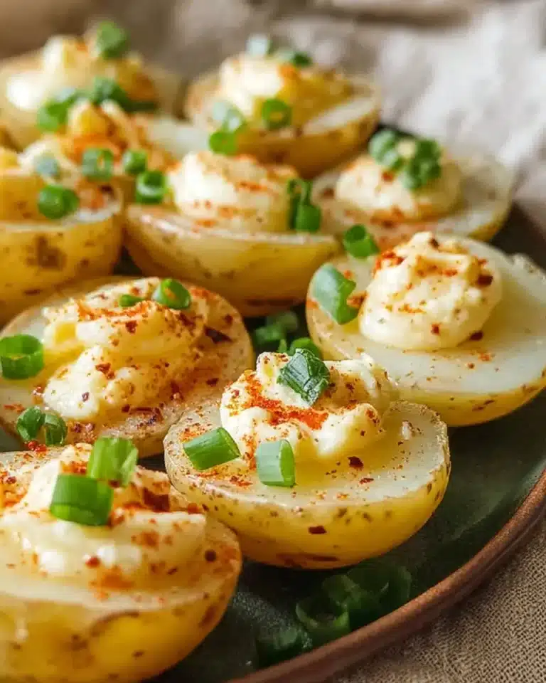 Plate of deviled potatoes garnished with herbs and spices