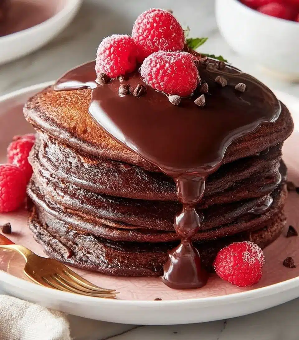 Delicious double chocolate pancakes stacked on a plate with syrup