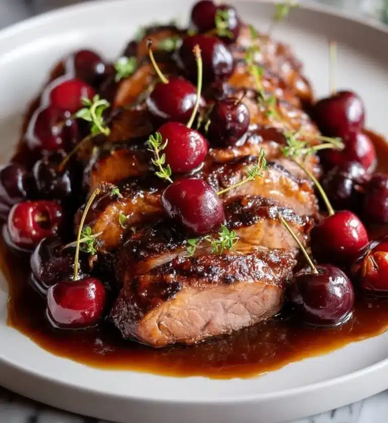 Succulent duck breast served with a rich cherry sauce on a plated restaurant dish