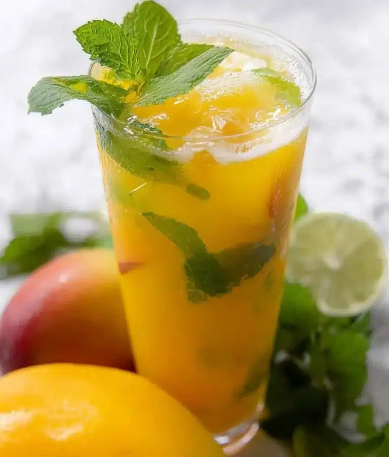 Fresh Mango Mojitos with mint and lime served in a glass