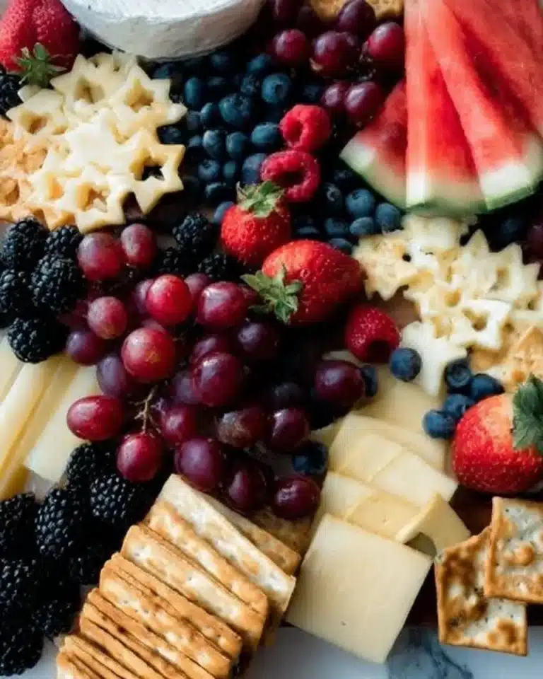 Beautifully arranged Fruit Cheese Board with assorted fruits and cheeses