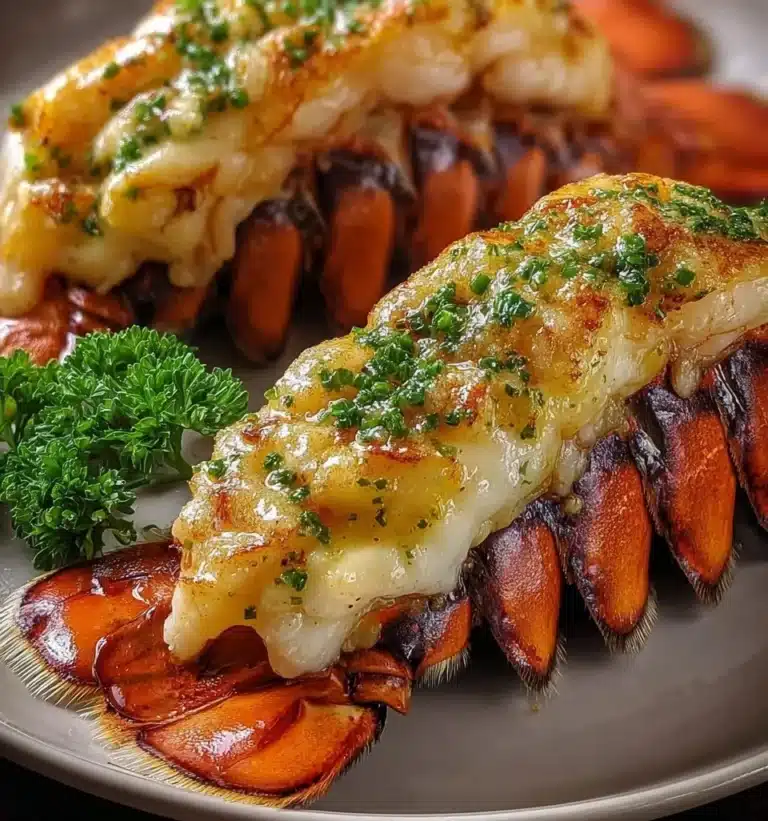 Delicious garlic butter broiled lobster tails served on a plate