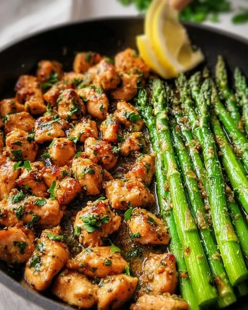 Garlic Butter Chicken Bites served with fresh asparagus on a plate