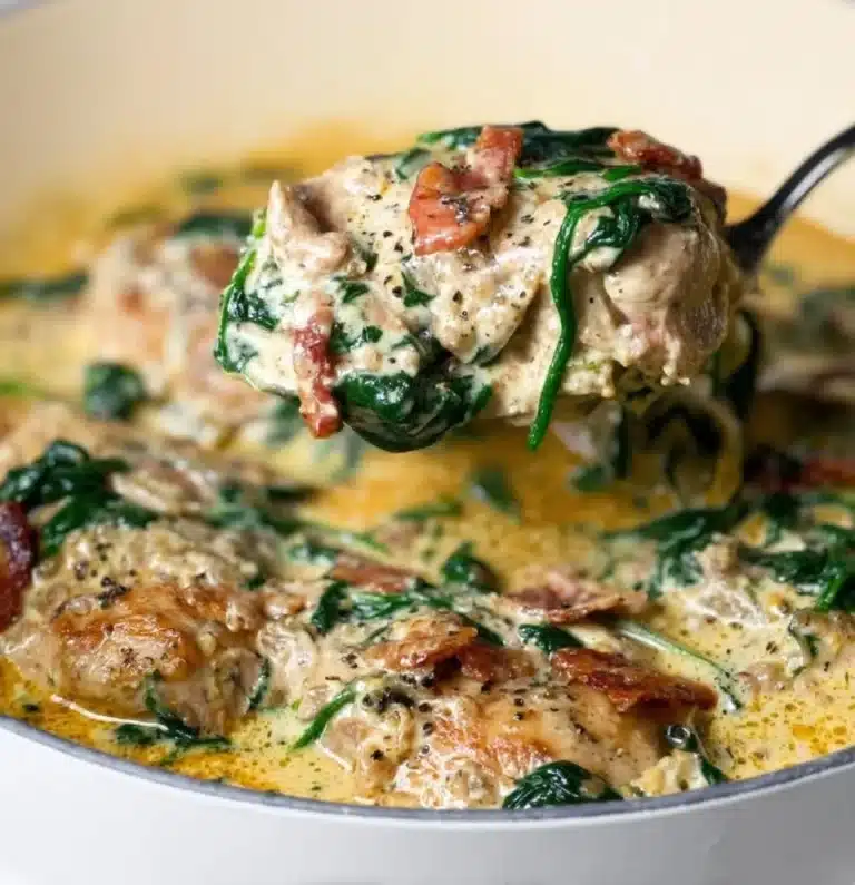 Garlic Butter Chicken with Spinach served in a skillet