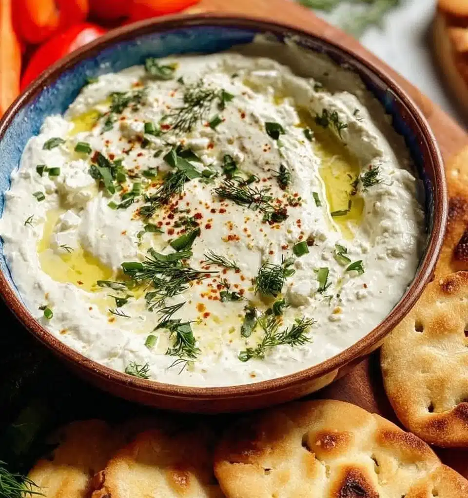 Creamy Garlic Feta Dip served with fresh vegetables and crackers