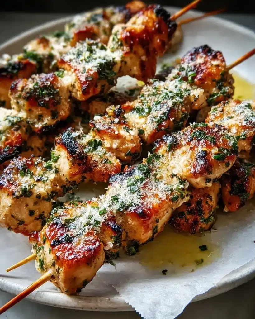 Garlic Parmesan Chicken Skewers ready to serve with herbs and spices