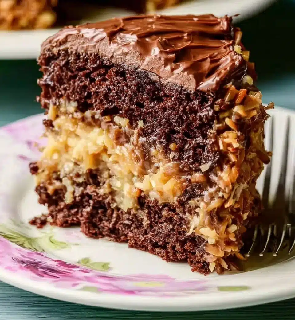 Delicious slice of German Chocolate Cake with coconut-pecan frosting