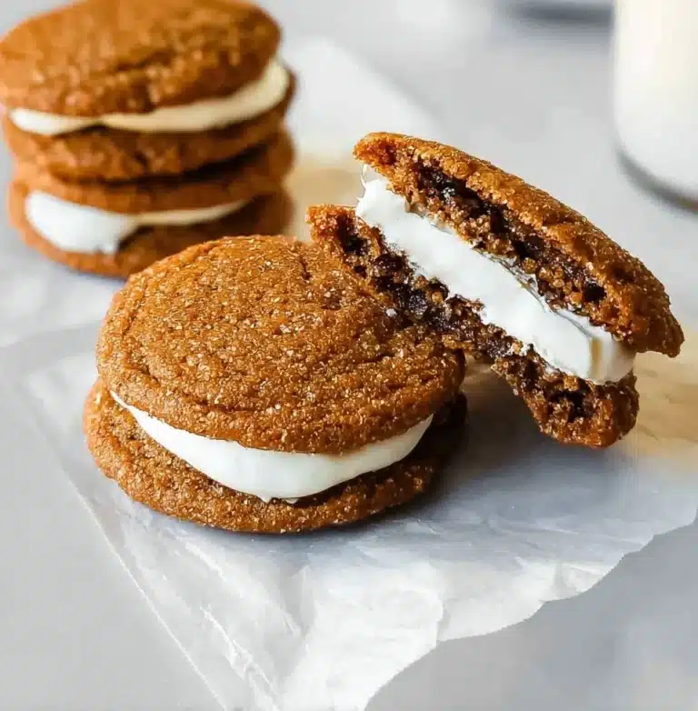 Freshly baked Ginger Whoopie Pies with creamy filling on a cooling rack