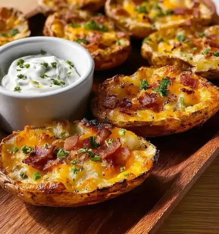 Golden Texas Roadhouse potato skins garnished with cheese and bacon bits.